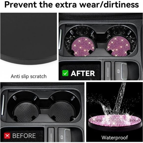 Car Cup Coasters Pink Bling 2-Pack Universal Non-Slip Cup Vehicle Diamond - Picture 6 of 7